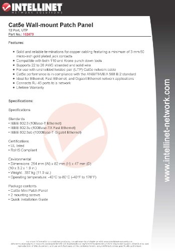 INTELLINET 12-Port Cat5e Wall-mount Patch Panel Compatible with 110 and Krone Punch Down Tools (162470)