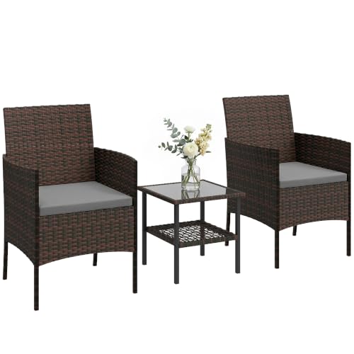 Outsunny 3 Piece Wicker Patio Furniture Set, Rattan Bistro Set with 2 Patio Chairs, 2-Tier Glass Table, Cushions, Outdoor Conversation Furniture for Porch, Balcony, Dark Grey