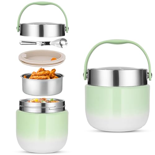 Thermal Food Container 1200 ml, Food Thermos Flask for Feeding Food, Insulated Bowl with Lid with Folding Spoon, Suitable for Storing Flour, Soup, Lunch, Cheese (Green)