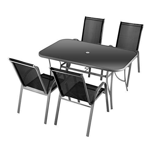 Nexos Trading 5-teiliges Gartenmöbel-Set – Gartengarnitur Sitzgruppe Sitzgarnitur aus Stapelstühlen & Esstisch – Aluminium Kunststoff Glas – schwarz grau