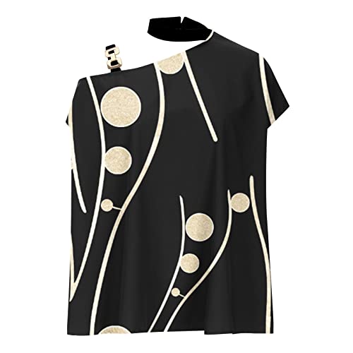 One Shoulder Shirts for Women Batwing Sleeve Metal Chain Straped Halter Off The Shoulder Tops Print Vintage Blouse Tee