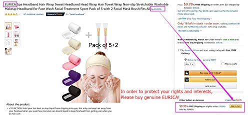 EURICA Spa Headband Hair Wrap Sweat Headband Head Wrap Hair Towel Wrap Non-slip Stretchable Washable Makeup Headband for Face Wash Facial Treatment Sport Pack of 5 with 2 Facial Mask Brush Fits All