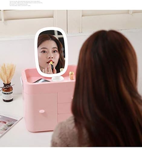 LED Mirror Cosmetic Storage Box Multi-layer Household Storage Box Vanity Skin Care Product Rack (Color: Pink)
