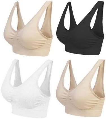 4 Pack Flexi Bra(TM) - The Ultimate comfort Bra. Seamless Support Comfort Sport Stretch Action Leisure Black White Nude / Beige (3 Colour Set + Free Beige Bra (Same Size), Medium - Chest 36-37inches or Dress size UK 10-12)