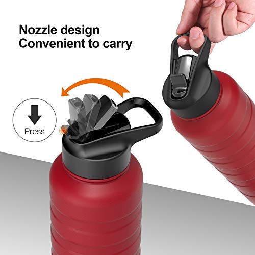 REYLEO Vacuum Insulated Water Bottle with Straw Lid- 24 Oz, Red, 2 Lids, 18/8 Stainless Steel Metal Sport Water Bottle, Keep Cold 24 Hours & Hot 8 Hours, Standard Mouth with Straw Lid