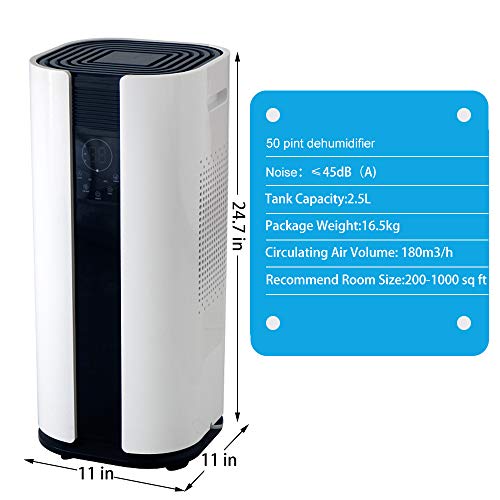 OULUN Eurgeen Portable Touch-Screen 6 Gallons(50 Pints) Home Piston Dehumidifier Dryer Whisper Quiet for Home largerooms Basement with Fan Wheels and Drain Hose Moisture Remover Dehumidifier - Thumbnail 2