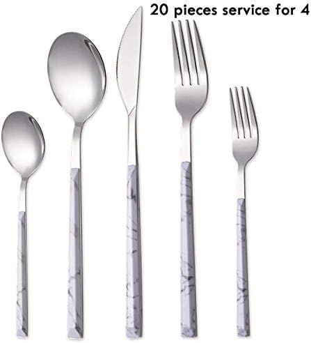 20-Piece Cutlery Set Stainless Steel Flatware Set with Imitation Marbling Handle Include Knife/Fork/Spoon Service for 4(White)