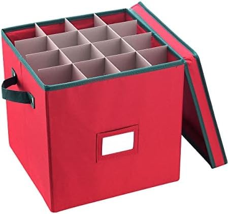 Elf Stor Christmas Decor Storage Box - Red Oxford Canvas Ornament Cube Chest With 64 Compartment Dividers, Riveted Handles, and Lid (Pack of 6) Image