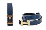 Dinamit Men's H Reversible Leather Belt With Removable Buckle Blue with Gold Buckle