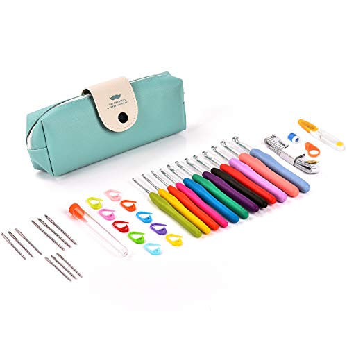 Crochet Hooks, 12 Crochet Hooks with Ergonomic Handles, 9 Long Eye Blunt Needles for Knitting, 10 Pcs Stitch Markers, Measure Tape, Row Counter, Thread Cutting Ring, and Scissor (35 Pack) - Thumbnail 5