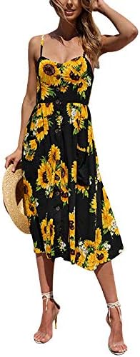 Women's Dress Summer Spaghetti Strap Sundress Casual Floral Midi Backless Button Up Swing Dresses with Pockets S-3XL