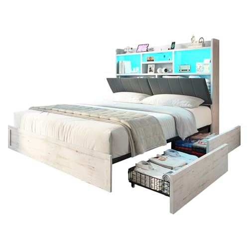 Jocisland Queen Farmhouse Bed Frame with Bookcase Headboard and 4 Drawers, LED Storage Bed with Charging Station & Linen Upholstered, No Box Spring Needed, Distressed White