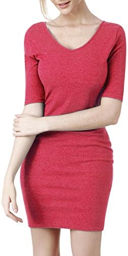 Elbon Boutique Womens Plus-size Short Sleeve V-neck Rib Cotton Knit Casual Dress MAGENTA S
