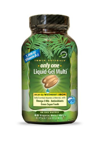 Irwin Naturals Only One Liquid-Gel Multi - No Iron Daily Essential Vitamins, Minerals, Antioxidants, Omega-3 & Green Super Foods - 60 Liquid Softgels... (60ct)