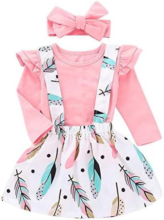 Drindf Boys Clothing 3Pcs Toddler Infant Baby Girls Ruffle Feather Long Sleeve Tops Overall Dresses Headbands Bodysuit