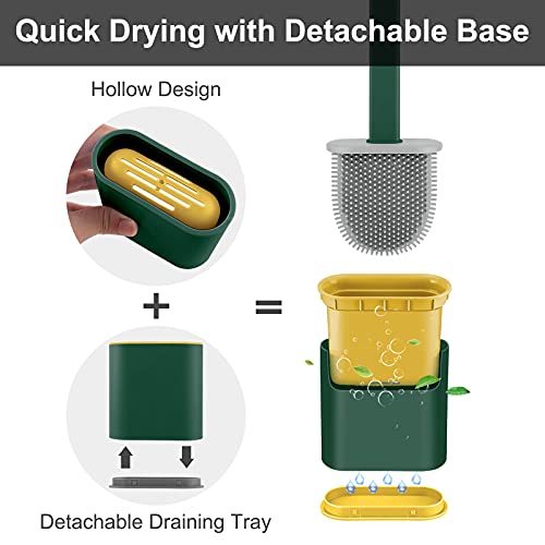 Onlyesh Silicone Toilet Brush with Holder, Wall Mounted Toilet Brush Set with Drain Pad & Extra Hook, Deep Cleaner Toilet Brushes with No-Slip Plastic Handle, for Bathroom Toilet (Green)