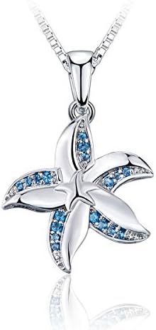 Starfish Necklace Blue CZ Beach Wedding Rhodium Plating Fashion Jewelry, Anniversary Gifts for Women, 18"