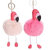 Yansion Flamingo Keychain Pom Pom Keychain Handbag Tote Bag Cute Charm Pendant Key Ring Pink Plush Faux Rabbit Fur Keychain