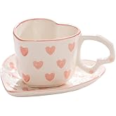 WAIT FLY Heart Shaped Ceramic Coffee Mug Set with Saucer, Tea Cup, Breakfast Cup, Dessert Plate-Pink-8 OZ