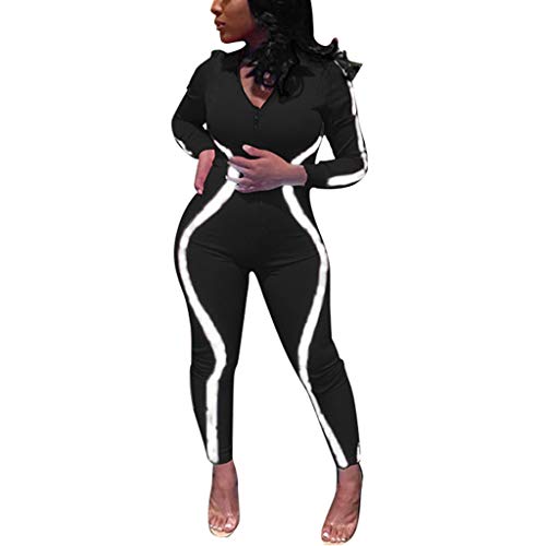 iYBUIA Women Yoga Fitness Motion Workout Reflective Patchwork Long Sleeve Tight Jumpsuit Zipper Slim S-L Black
