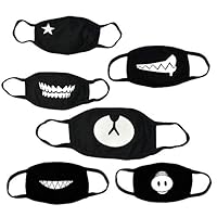 KOMIWOO 6 Pack Anti Dust Anime Mask Cotton Mask, Cut EXO Bear Teeth Star Pattern Anti Dust Face Mouth Mask for Kids Teens Men Women Black