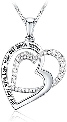 Wife Necklace CZ Rhodium Plating Double-Heart Intertwined Fashion Jewelry, Anniversary Gift for Women 18"