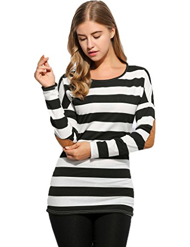 Women's Long Sleeve Drop-shoulder Casual Elbow Patchwork Striped Shirt Blouse Tops (L, Striped)