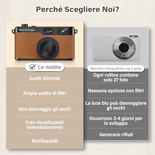 Maxmango D53 Compact Digital Camera Without Screen, Vintage Retro Camera 12 MP Capture Real Moments, Downloadable DIY Filters, USB-C, 8 GB SD Card Included, Up to 4000 Photos (Brown)