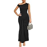 HWP Women Summer Bodycon Ruched Maxi Dress Sleeveless Boat Neck Casual Long Cocktail Dress