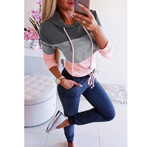 Aunimeifly Women's Color Block Patchwork Hoodie Ladies Striped Long Sleeve Short Sweatshirt Autumn Tops Blouse Gray