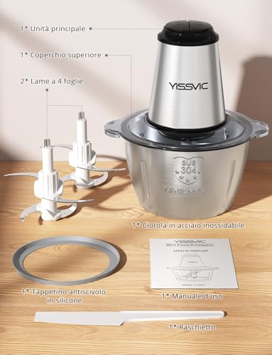 YISSVIC Electric Kitchen Chopper 2L, 500W, 2 Speed, 2×4 Blades, Stainless Steel Bowl, Non-Slip Ring, Dishwasher Safe, for Fruit Vegetables Meat Spices