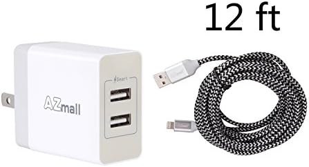 24W 4.8A Outputs Two Ports USB Cellphone Wall Charger With Extra Long 12ft Braided Lightning iPhone 6/6s/7 Cable,Empty to Full Power Only 1.5 Hour