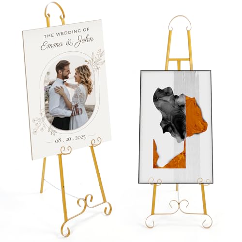 2Pcs Soporte de caballete dorado para carteles, caballetes de suelo para exposición, 3 estantes ajustables y estabilidad elegante, para cumpleaños, bodas, exposición de pósteres de pintura