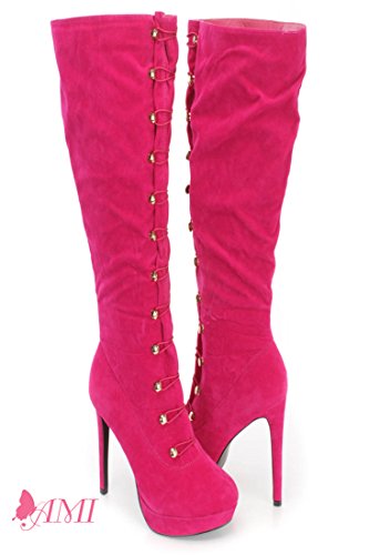 AMI Clubwear Hot Pink Hook Loop High Heel Boots Faux Suede 6 B(M)