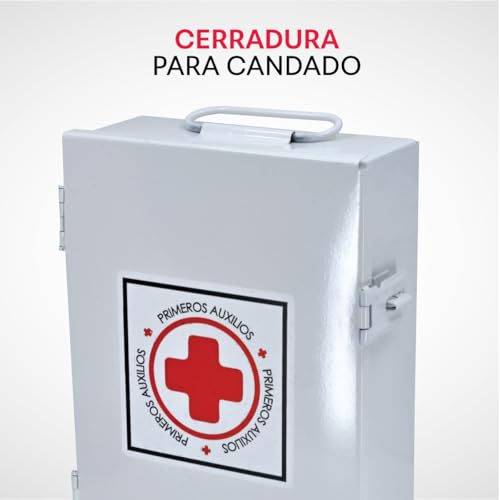 KARLEN | Botiquín de Primeros Auxilios Grande de Metal (Vacío) | Caja para Emergencias con Cerradura para Candado | Para Casa, Oficina, Negocio o Taller | Color Blanco | 34×25×7 cm