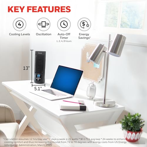Honeywell QuietSet Personal Table Fan, Oscillating Personal Desk Fan with Quiet Operation, 4 Levels of Power and Sound, Black, HTF210B
