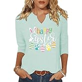 ehizrvo 3/4 Sleeve V Neck Shirts for Women Cute Bunny Easter Eggs Graphic Shirts Spring Outdoor Comfort Tops Blouse