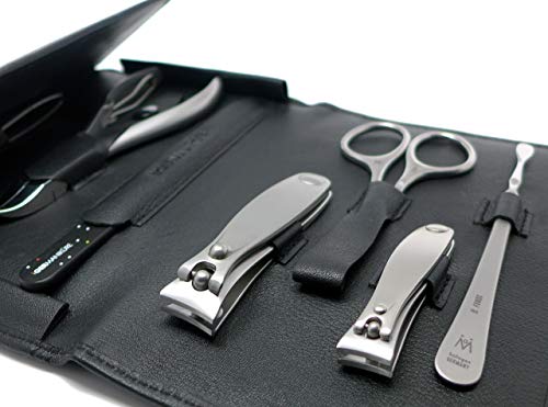 7pcs Manicure Pedicure Set German FINOX Surgical Stainless Steel: Cuticle Nippers, Toenail Clippers, Nail Clipper, Cuticles Scissors, Pusher, Tweezers and Glass Nails File in Leather by GERmanikure
