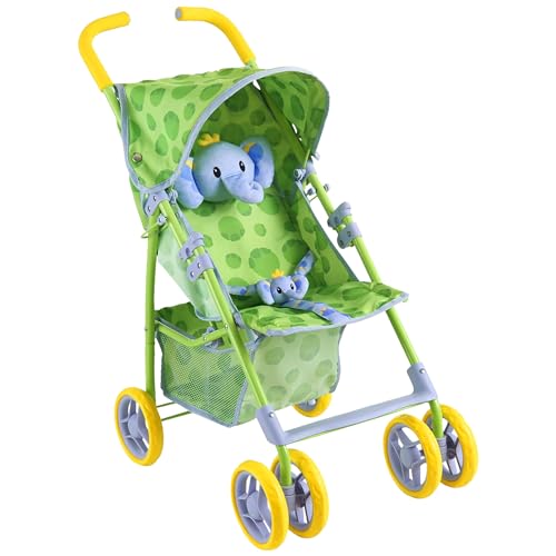 Baby Doll Stroller for Toddlers 1-3, Pillow Animal Toy Stoller for Dolls, Green Folding Baby Toy Stroller for Dolls, Foldable Baby Stroller Toy for Girls, for Kids (Elephant)