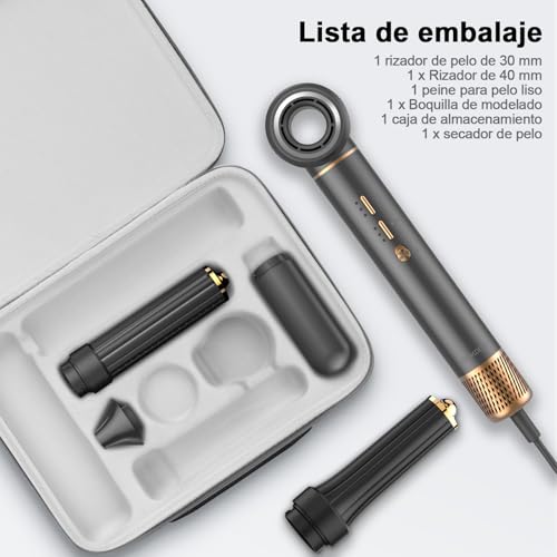 Secador de Pelo Profesional 5 en 1 - Boquillas + Cepillo + Rizador de Pelo, iónico Negativos Secador Kit 1600W Poco Ruido, Temperatura Ajustable y Velocidades para Rizar, Voluminizar y Alisar, Gris