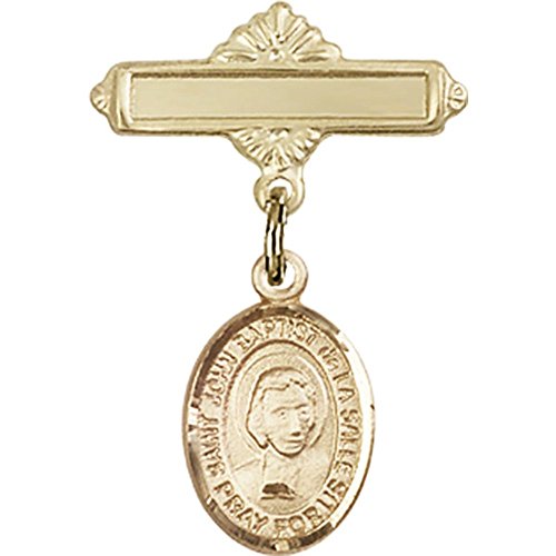 14kt Yellow Gold Baby Badge with St. John Baptist de la Salle Charm and Polished Badge Pin 1 X 5/8 inches