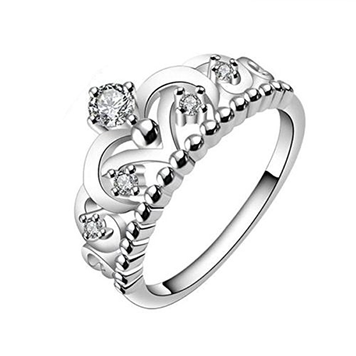 KeyZone Lady Elegant Silver Plated Gorgeous CZ Princess Crown Tiara Wedding Band Eternity Ring Size 8