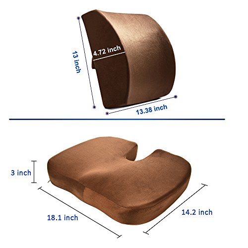 Lower back Pain Support Memory Foam Seat Cushion and Lumbar Support Back Pillow for Tailbone and Sciatica Relief Office Chair and Car Backrest Cushion with Premium Adjustable Strap Qutool (Coffee) - Thumbnail 3