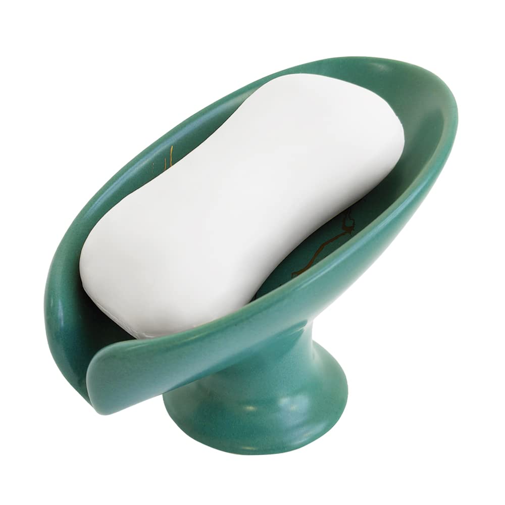 Leaf-Shape Ceramic Soap Dish, Gold Marble Pattern, Easy to Clean, Self Draining Soap Holder, Keeps Soap Dry (Green)