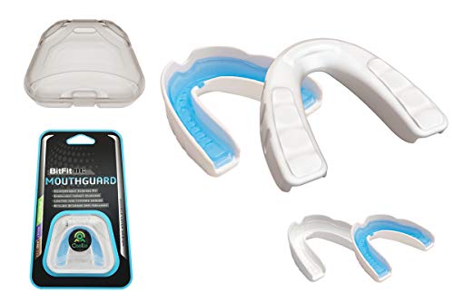 Coollo Sports Boil and Bite Mouth Guard DC Custom Fit Sport Mouthpiece for Karate, Martial Arts, Wrestling, Boxing, MMA (Free Case Included!) -Adult Size (Adult -Ages 11 & Above, Blue & White)