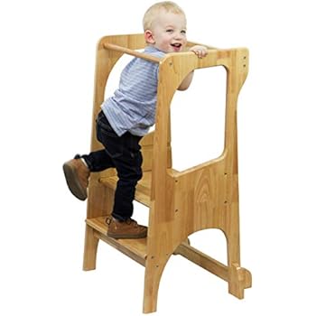 KATANABANA Kids Kitchen Step Stool Helper - Safety Rail - Adjustable Height - Hardwood - Learning Toddler Tower - Montessori Standing Counter Platform for Children (Natural)