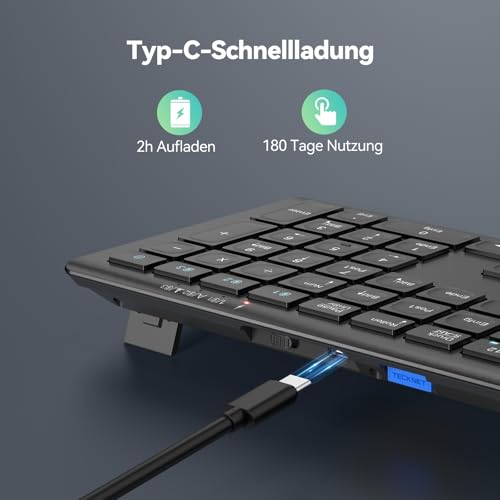 TECKNET Bluetooth Keyboard, Wireless, Rechargeable Multi-Device Flat Keyboard with Simple up to 4 Devices, Ultra Slim, German Layout (QWERTZ), for Mac, Windows, iOS, Chrome OS Black