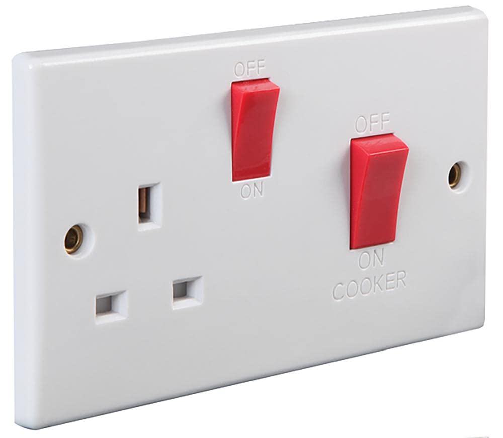 PRO ELEC 45A Cooker Control Unit with 13A Socket, 1-Gang, Rounded Edge, White Moulded, BS4177/BS1363 Compliant – PEL01402