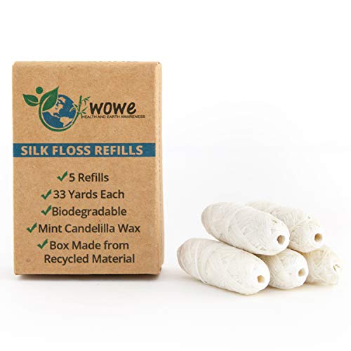 Wowe Natural Biodegradable Peace Silk Dental Floss Refills with Candelilla Wax, 10 Month Supply, 33 Yards Each - 5 Pack…
