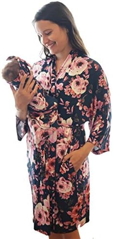 Maternity Labor Delivery Matching 3-Piece Robe and Swaddle Blanket and Headband Set, Hospital Bag Must Have (Teal Botanical, S/M)